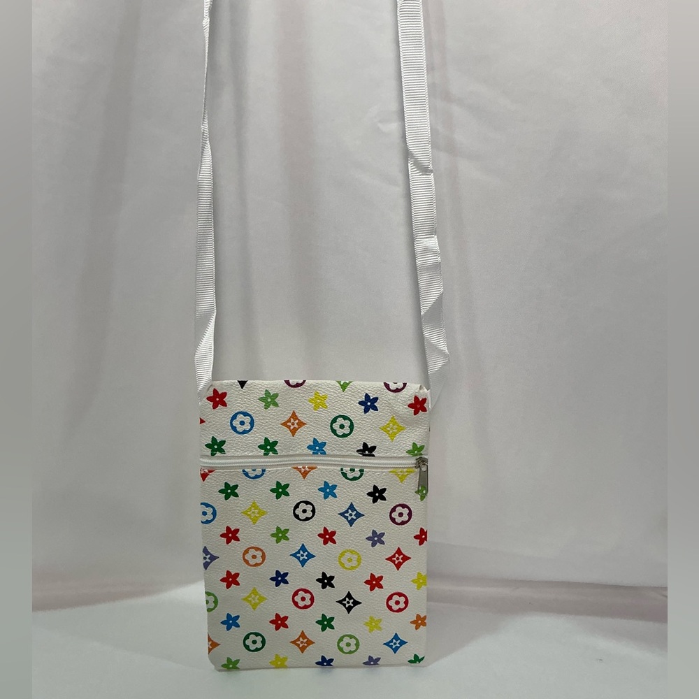 Multicolor Designer Murakami Zipper Side  Crossbody Bag wRibbon Strap 
White NEW